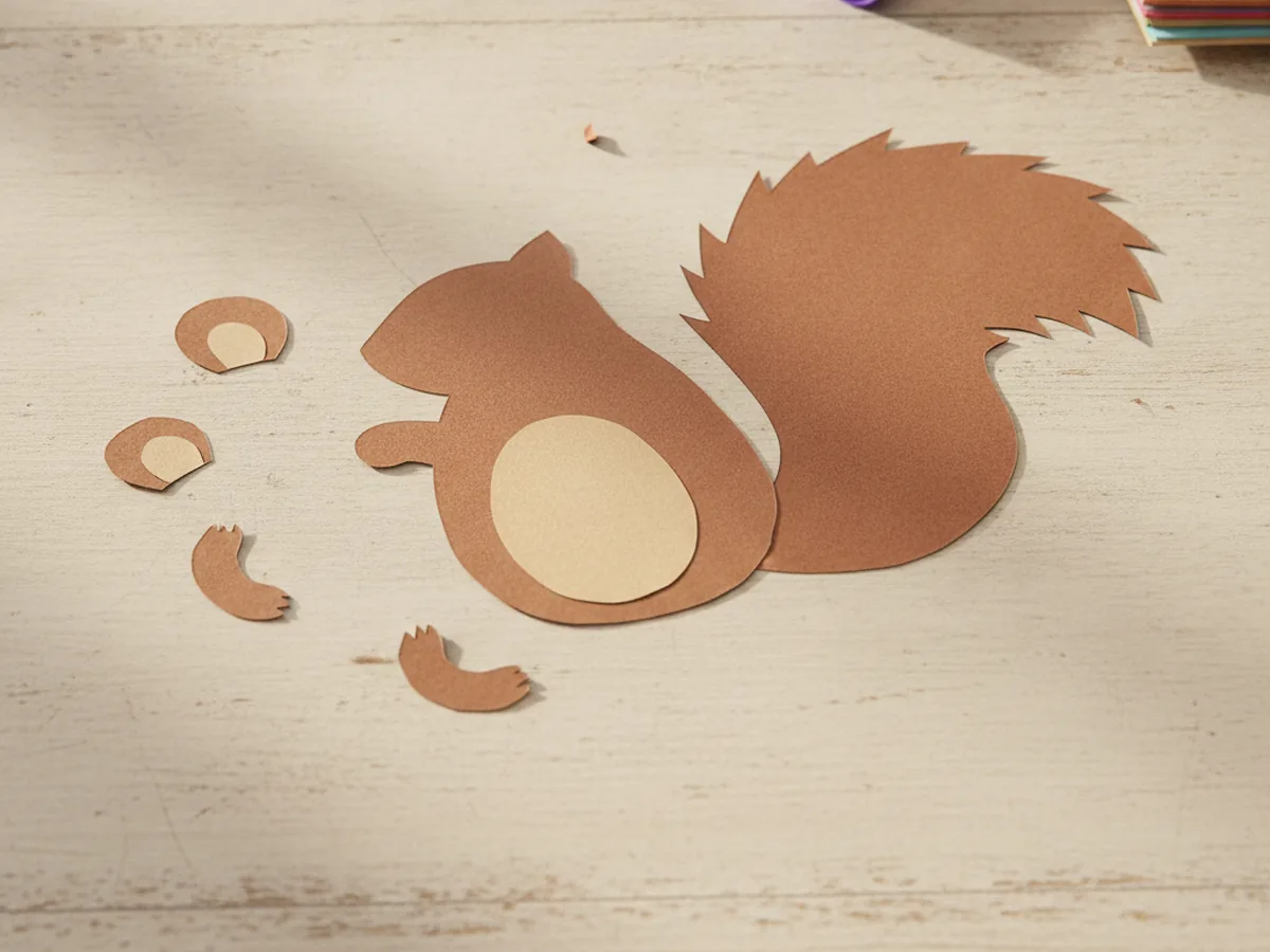Two small brown paper ears, two little brown paper front paws, and one rounded tan paper tummy patch cut out and laid out on a craft table beside the squirrel body and tail