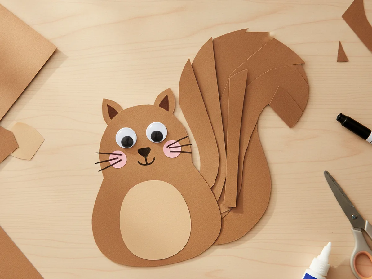 The assembled paper squirrel with two googly eyes stuck on the head and a small nose, smile, and whisker lines drawn in marker, giving it a cute friendly face