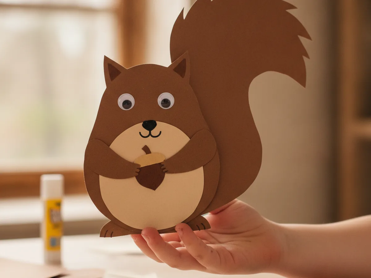The finished paper squirrel craft with a big fluffy tail, tan tummy, googly eyes, and a marker face, holding a small brown and tan paper acorn between its front paws, held up by a child's hand