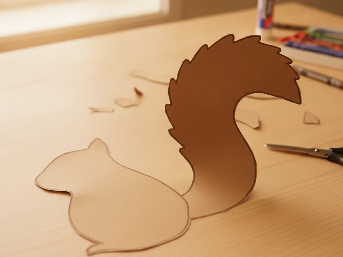 A large curved brown paper squirrel tail shape with a soft bumpy fluffy edge, cut out and placed next to the brown teardrop body on a craft table
