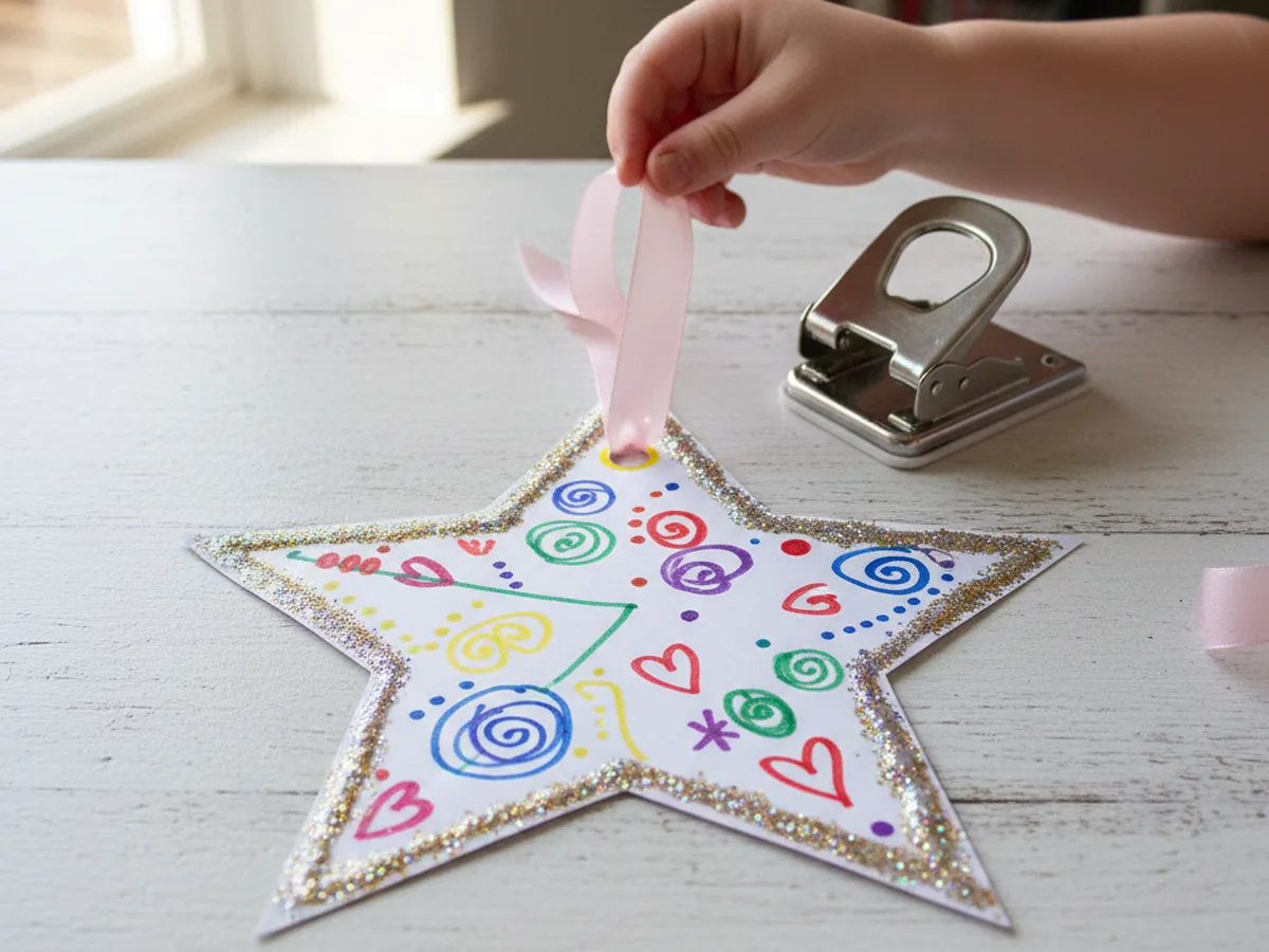 Finished colorful paper star with a hole punched near the top point and a pink ribbon threaded through for hanging