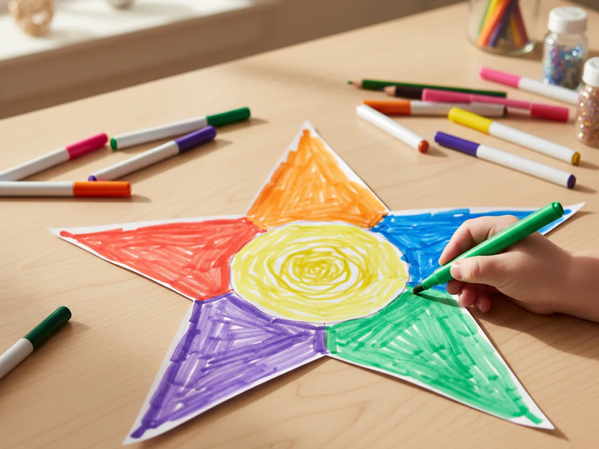Cut-out paper star being colored with washable markers in bright rainbow colors on a white craft table