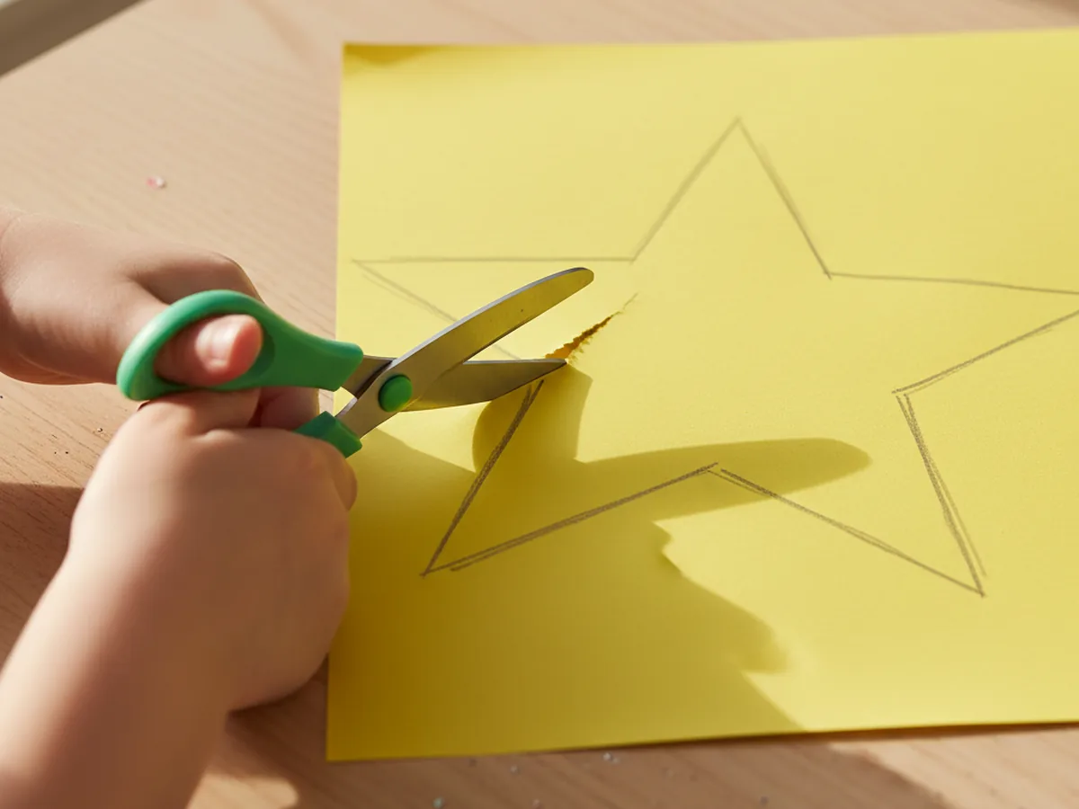 A child's hands holding child-safe scissors cutting along the star outline on yellow cardstock