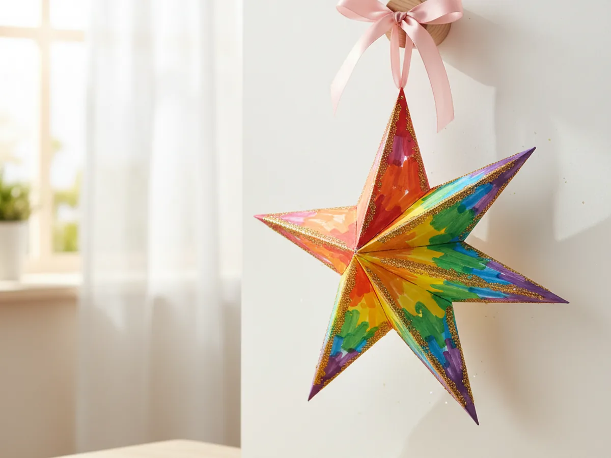 Finished paper star craft with colorful markers and glitter glue, hanging from a pink ribbon near a sunny window