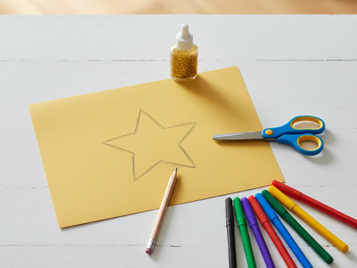 Cardstock sheet with a large pencil-traced five-pointed star outline on a craft table, surrounded by markers and scissors