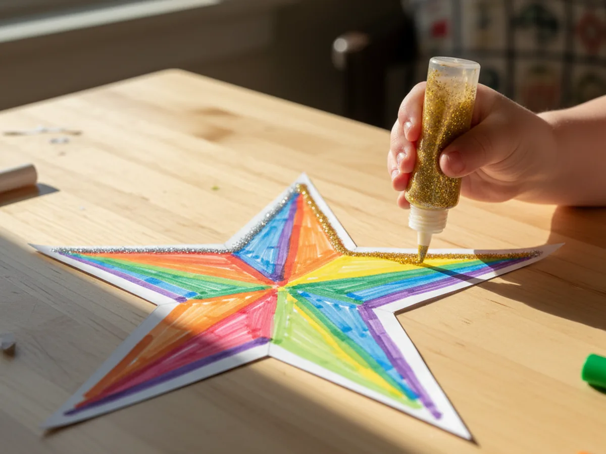 Child applying gold and silver glitter glue along the edges of a colorful paper star craft
