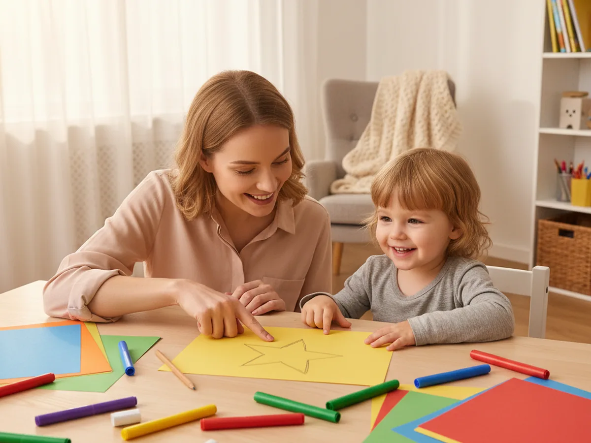 A mom and young child sitting together at a craft table, smiling and ready to start making a paper star craft