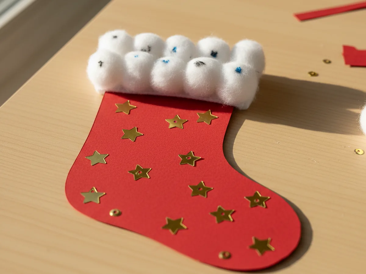 A row of soft white cotton balls glued along the top edge of the white cuff of a red paper stocking craft to create a fluffy snowy trim