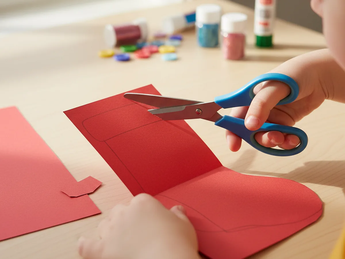 A child cutting two matching red cardstock stocking shapes from a folded sheet of red cardstock with a pencil outline visible