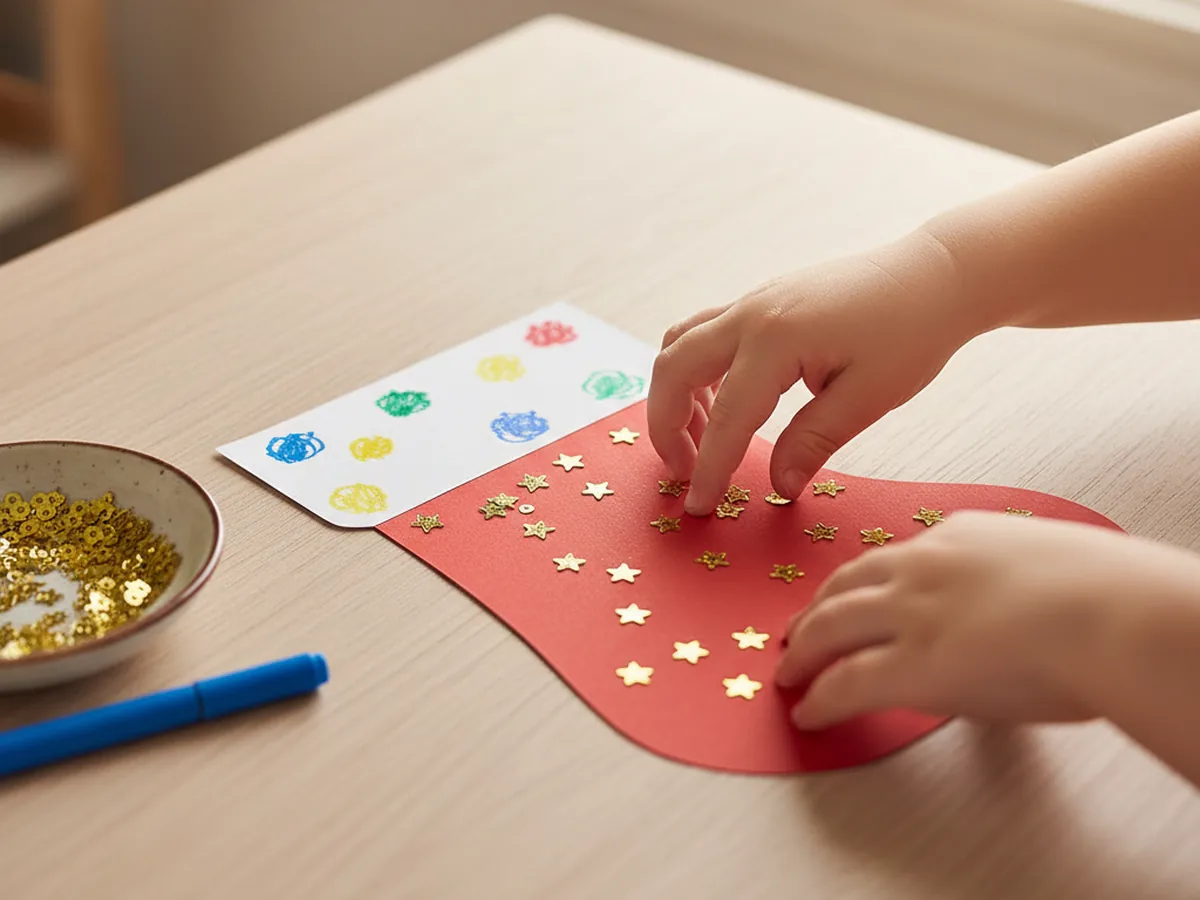 A child decorating the front of a red cardstock paper stocking craft with gold star sequins and bright marker dots on the white cuff