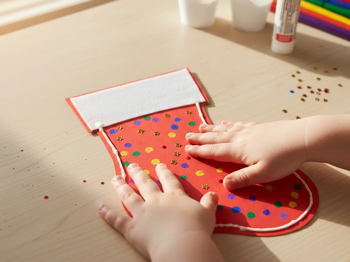 A child pressing the back of a red cardstock stocking on top of the decorated front piece with glue around the curved edges to form a paper stocking pocket