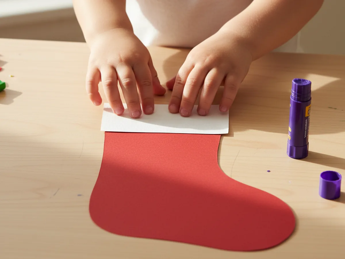 A child pressing a white cardstock cuff rectangle onto the top of a red cardstock stocking shape for a paper stocking craft