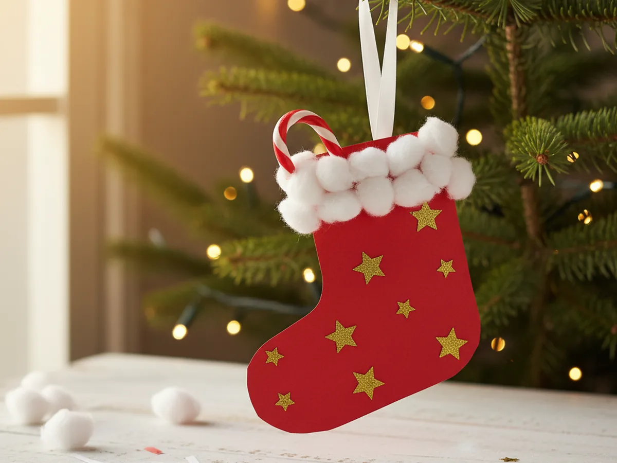 A finished red paper stocking craft with a white cotton ball cuff and gold star sequins hanging on a branch of a Christmas tree with a small candy cane tucked inside