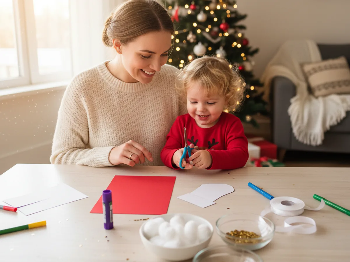 A mom and young child sitting at a craft table together with red cardstock, white paper, cotton balls, sequins, and ribbon ready to make a paper stocking craft