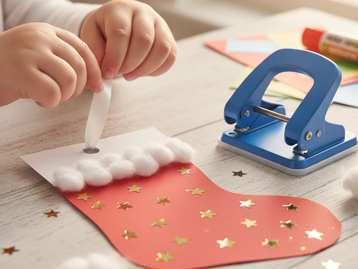 A child threading a thin white satin ribbon through a punched hole at the top corner of the white cuff of a finished paper stocking craft