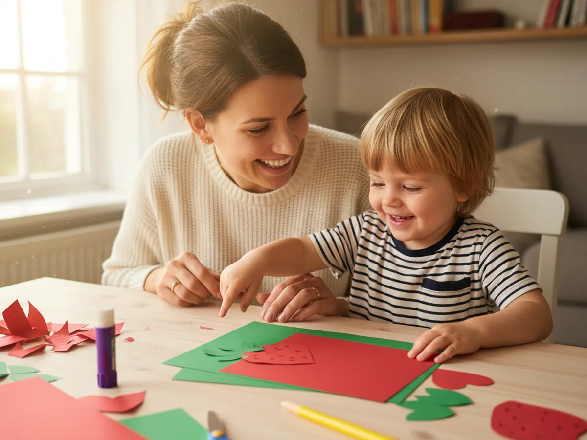 A mom and her young child sitting together at a craft table with sheets of red and green construction paper, kid scissors, a glue stick, a yellow marker, and a black marker, smiling and getting ready to start a paper strawberry craft together