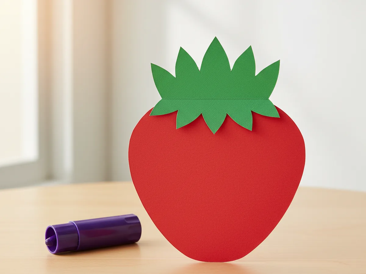 The green paper crown glued onto the top of the red strawberry body with the pointed leaves peeking up above the rounded shoulders of the berry, sitting flat on a white craft table