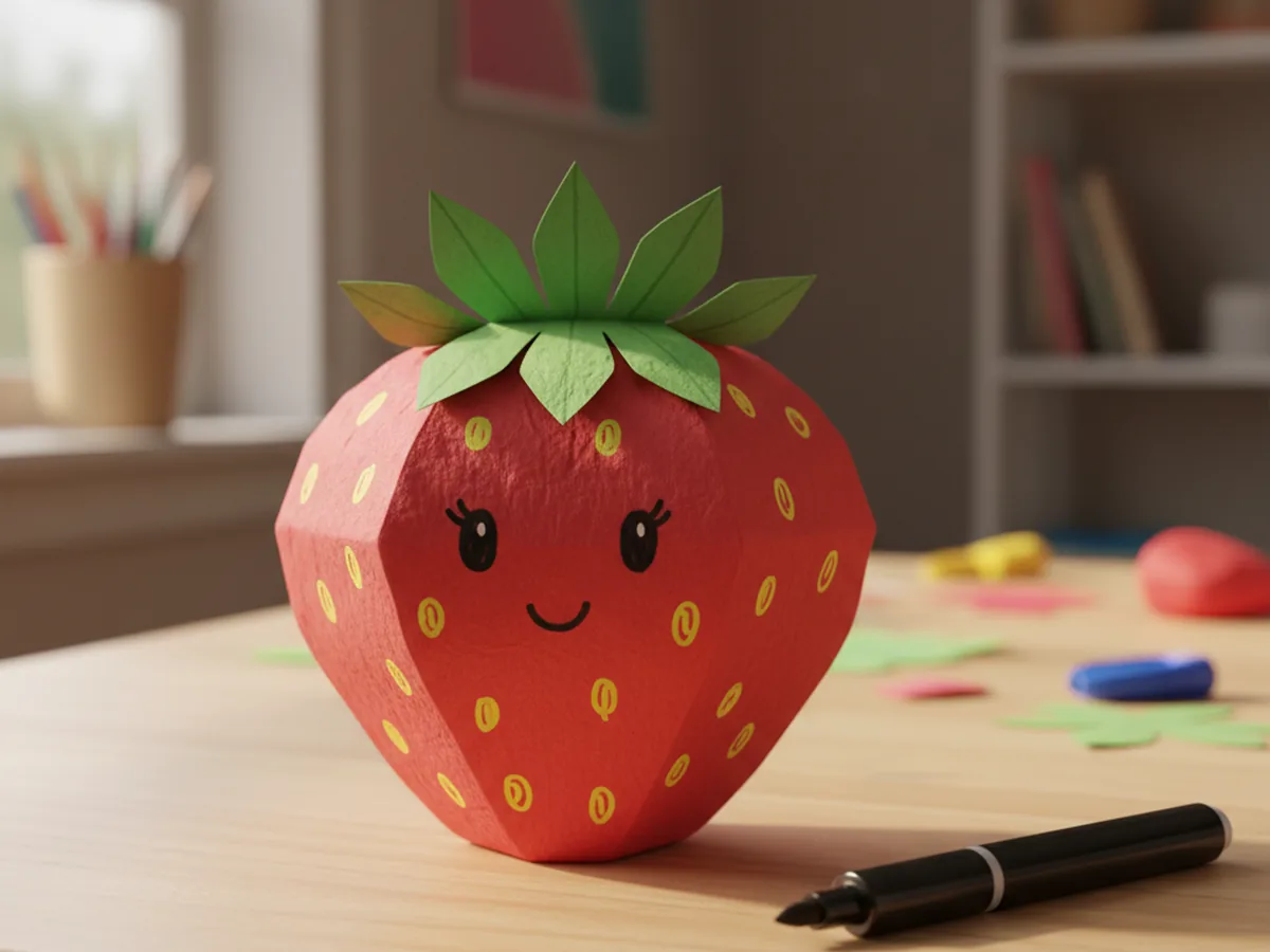 The paper strawberry now decorated with two small black oval eyes with tiny white sparkle dots and a sweet curved smiling mouth in the middle of the red body, surrounded by yellow seed dots and topped with a green crown