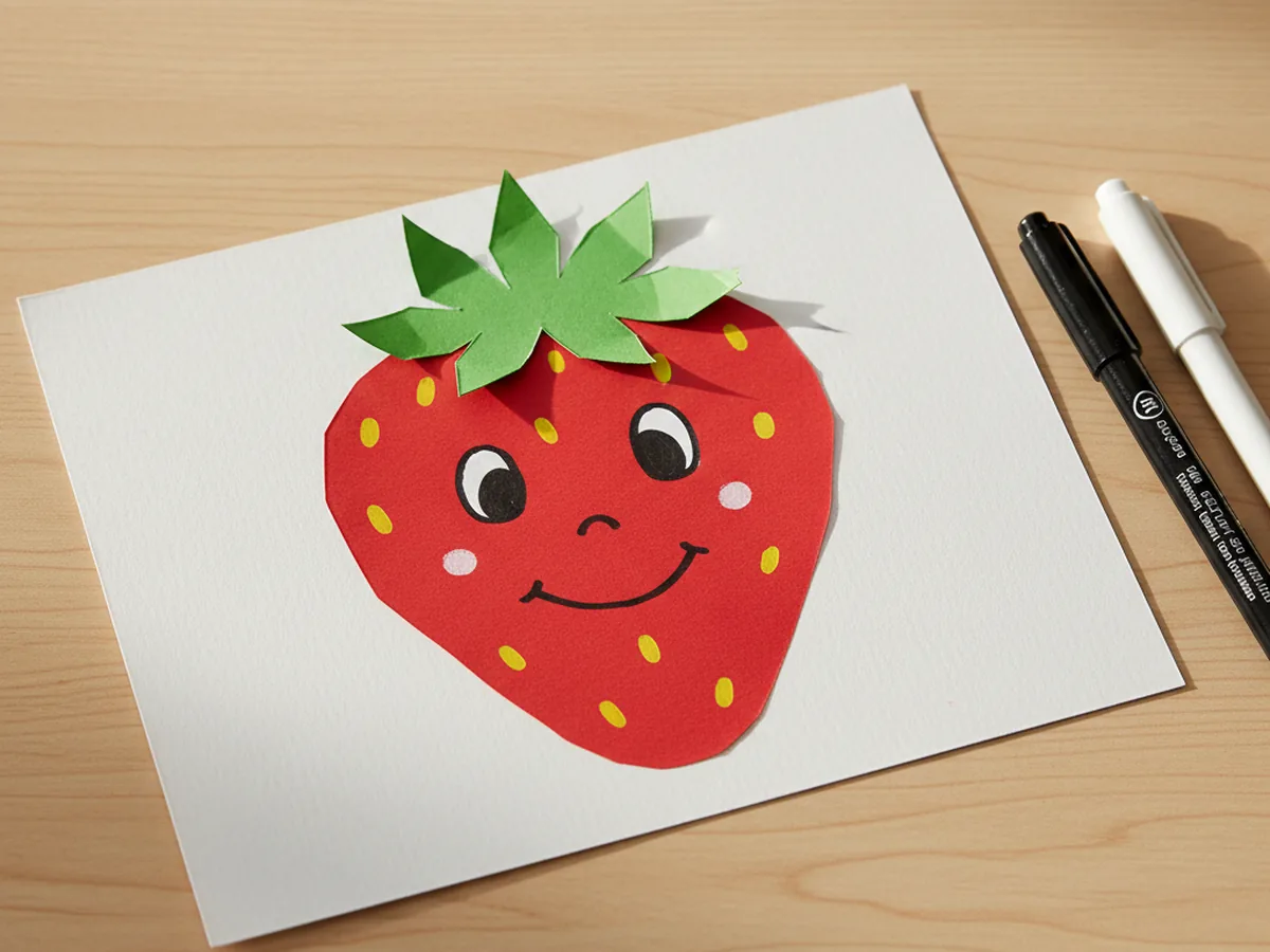 The finished paper strawberry craft mounted on white cardstock with a green leafy crown, scattered yellow seed dots, a cute smiling face, and two or three small white marker shine dots on the cheeks for a glossy look
