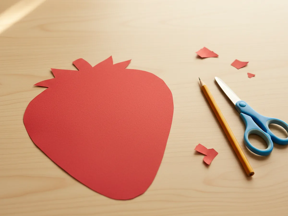 A large rounded red construction paper strawberry body shape freshly cut out, wider at the top and tapering to a soft point at the bottom, lying on a white craft table next to a pencil and kid scissors