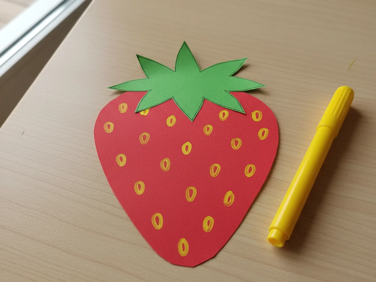 The red strawberry body now covered with about fifteen to twenty small yellow marker seed dots scattered evenly across the front, with the green crown still in place on top, sitting on a white craft table