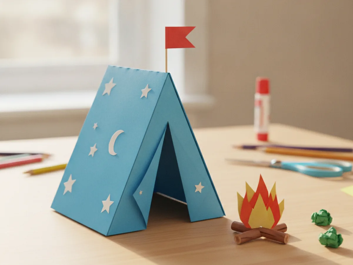 A paper tent next to a tiny paper campfire made from brown paper logs and orange flame shapes