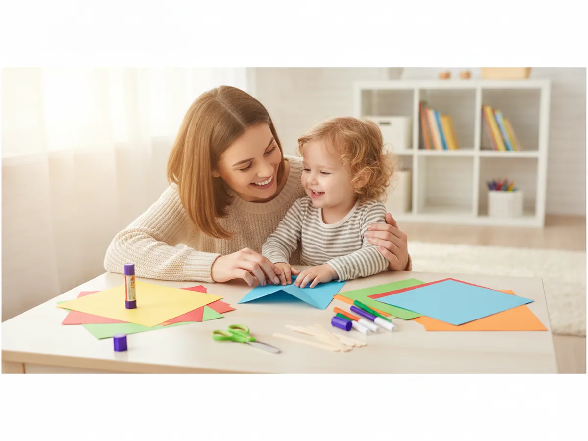 A mom and young child sitting together at a craft table getting ready to make a paper tent craft