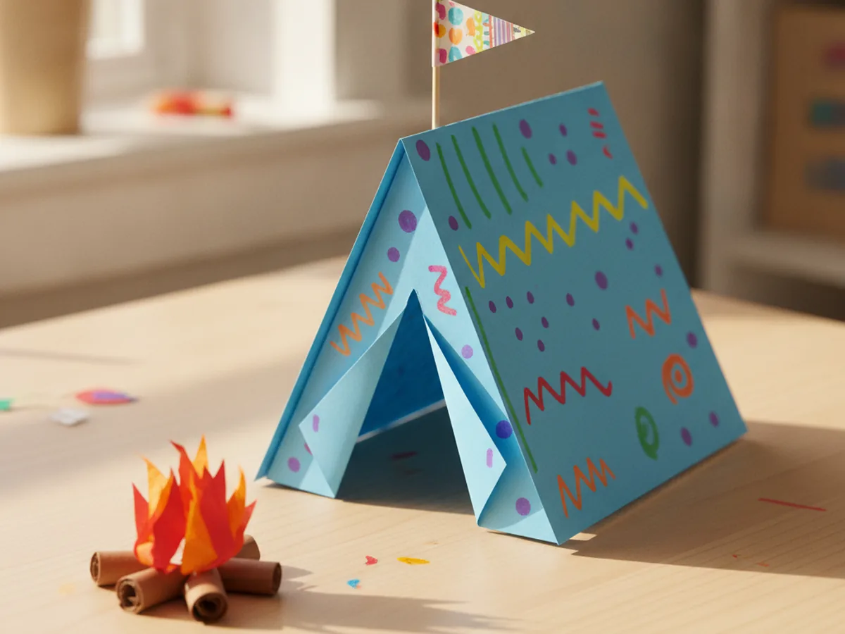 Finished paper tent craft, a decorated blue paper camping tent with a flag standing next to a tiny paper campfire