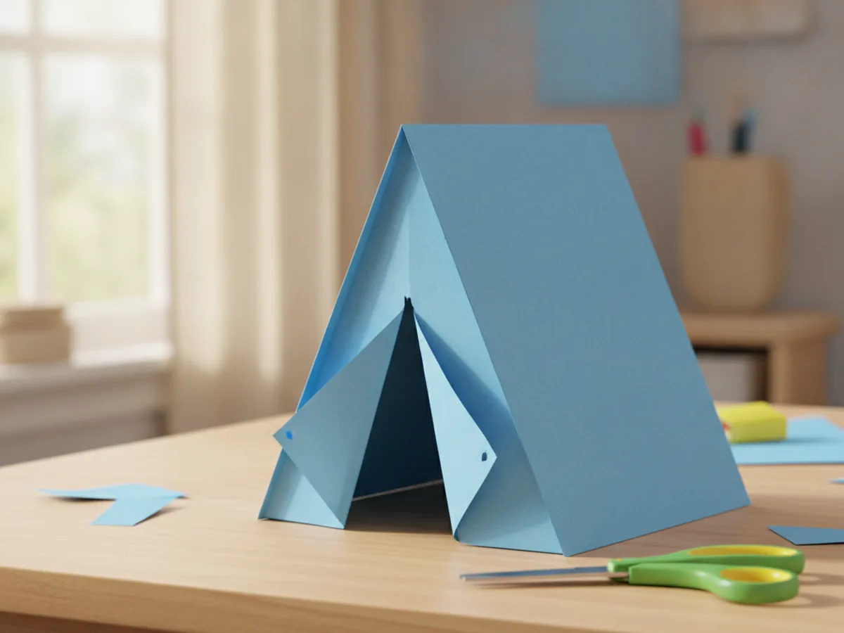 A blue paper tent with a triangular door cut into the front and the flaps folded open