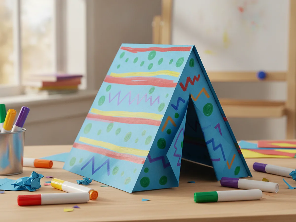 A blue paper tent decorated with colorful marker stripes, dots, and zigzags