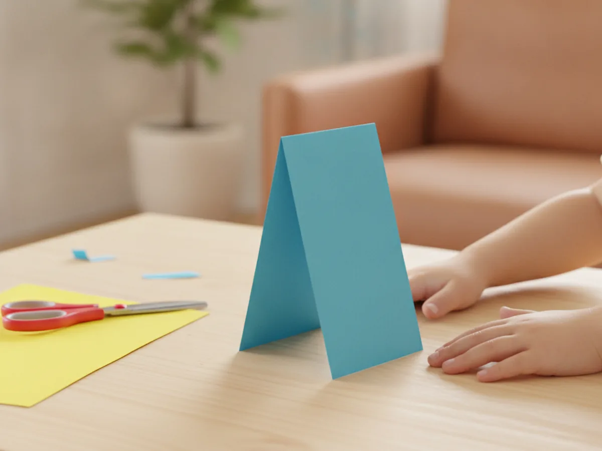 A sheet of blue construction paper folded into an A-frame tent shape standing on a craft table