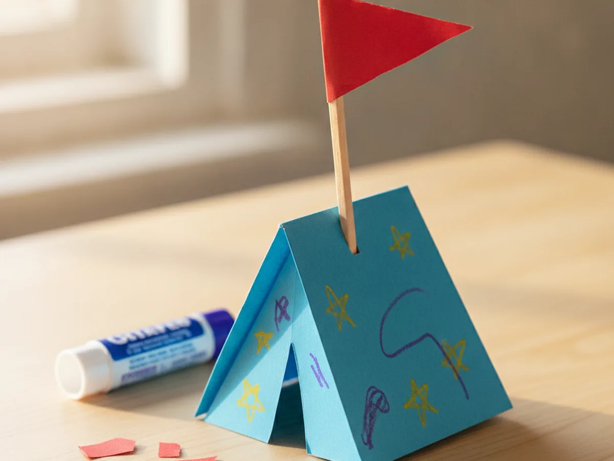A small red paper triangle flag glued to a wooden craft stick being added to the top of the paper tent
