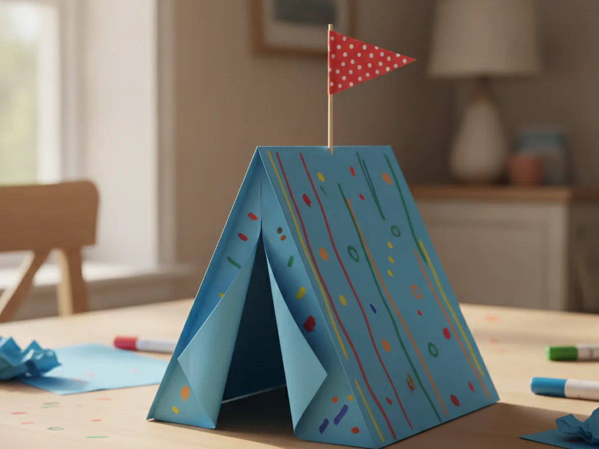 A finished decorated paper tent standing upright on a craft table with its door open and flag on top