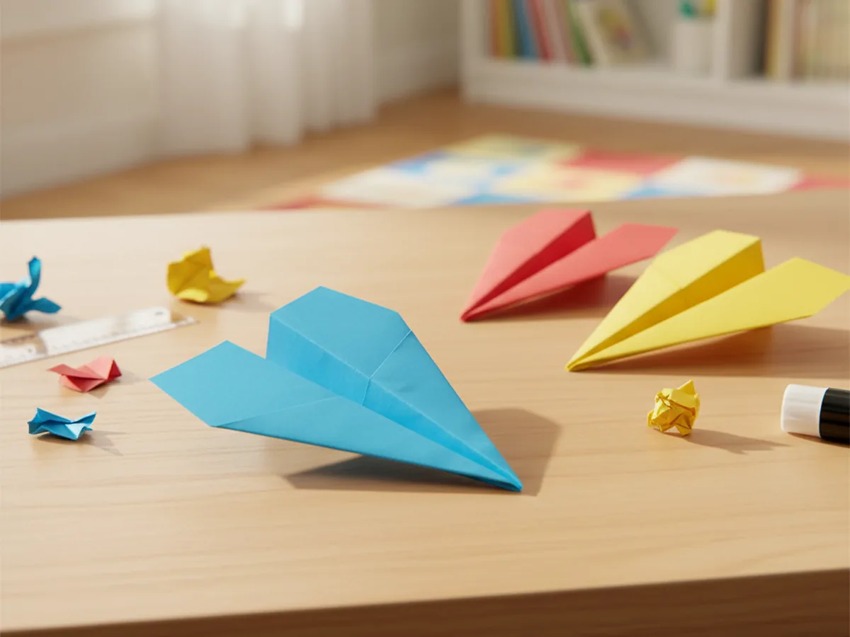 A colorful folded paper airplane made from bright origami paper resting on a wooden craft table