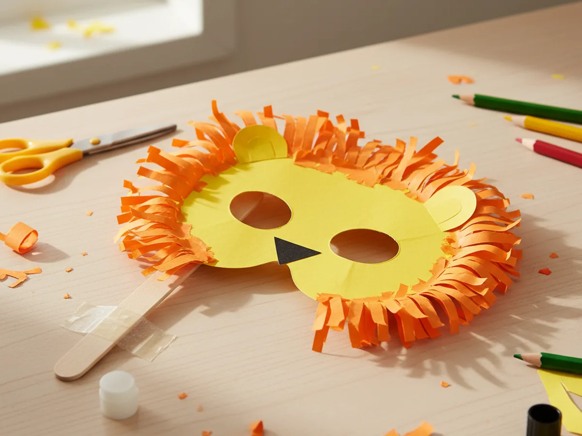 A handmade paper lion mask with a paper mane and rounded ears attached to a wooden craft stick handle on a wooden surface