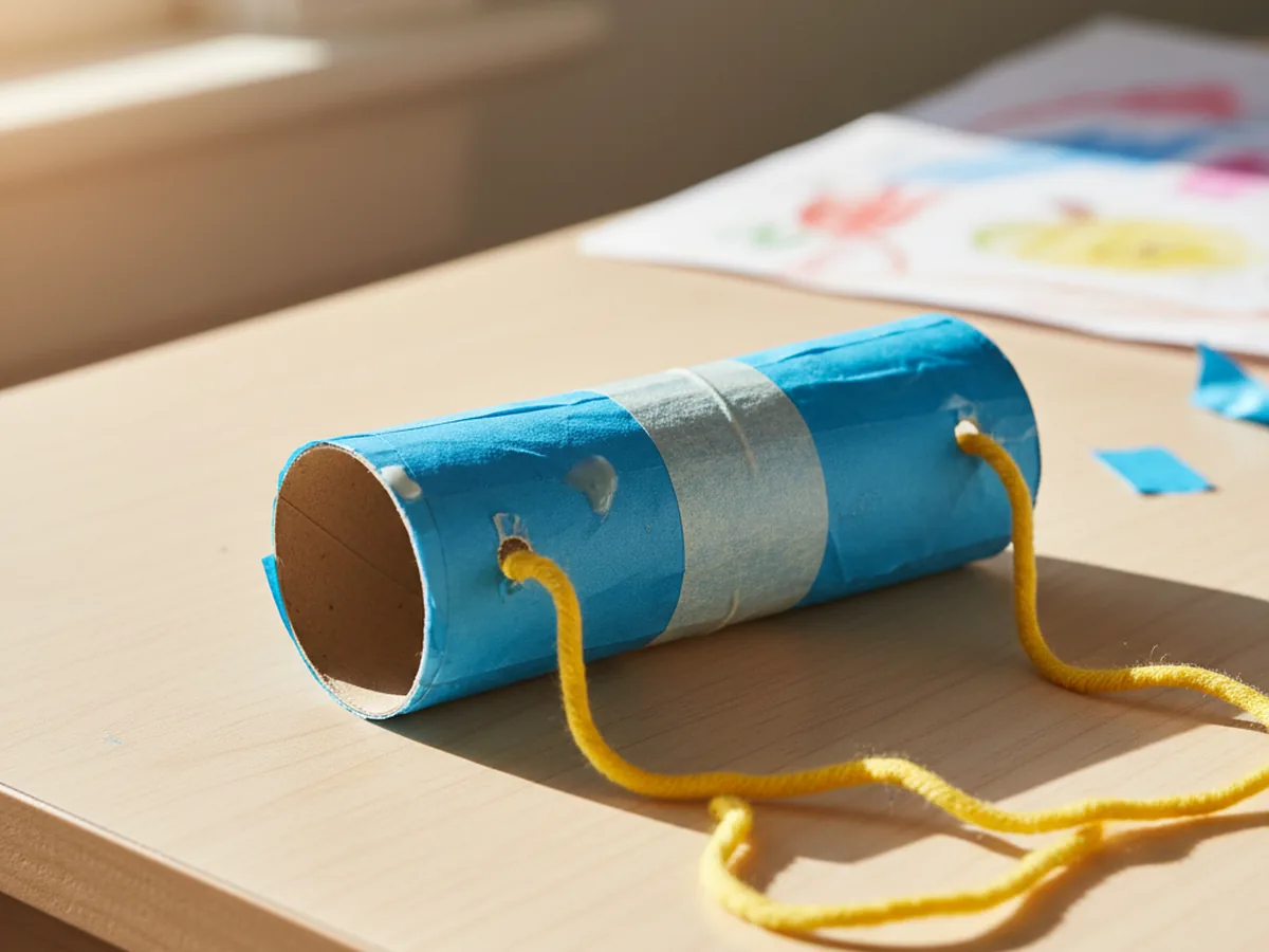 Handmade paper roll binoculars covered in colorful construction paper with a yarn neck strap on a wooden craft table
