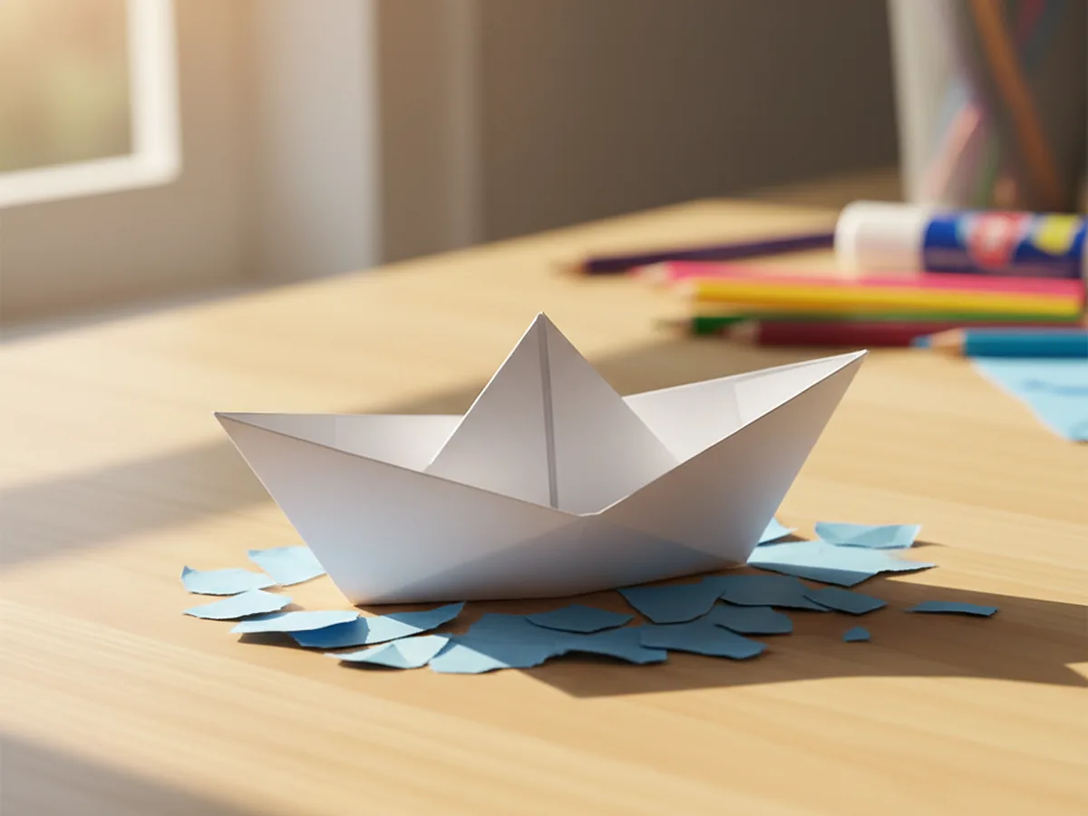 A folded paper boat made from white origami paper sitting on a wooden craft table with blue paper waves around it
