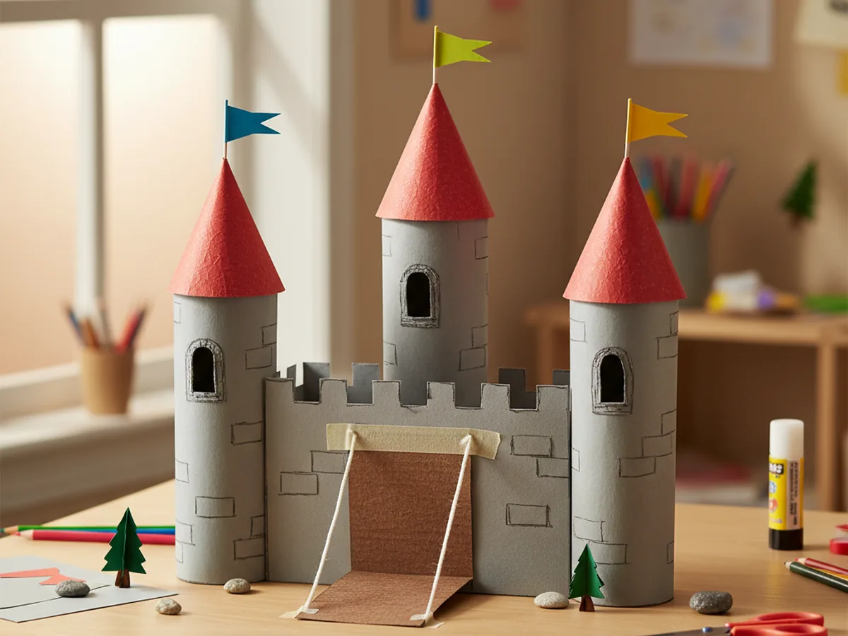 A handmade paper castle playset with three towers cone roofs cardstock walls and small paper flags on a wooden craft table