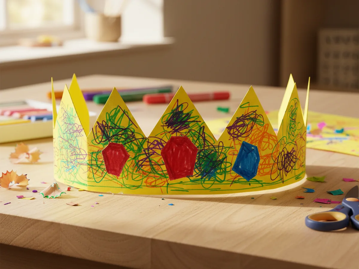A handmade wearable paper crown decorated with markers and paper jewels in bright colors resting on a wooden craft table