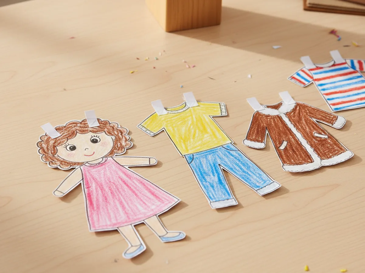A handmade paper dress up doll with several paper outfits and folded tabs arranged on a wooden craft table