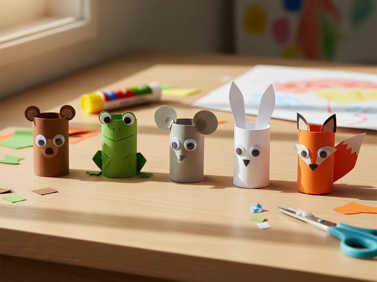 Five colorful paper finger puppets including a bear, frog, mouse, and rabbit decorated with googly eyes lined up on a craft table