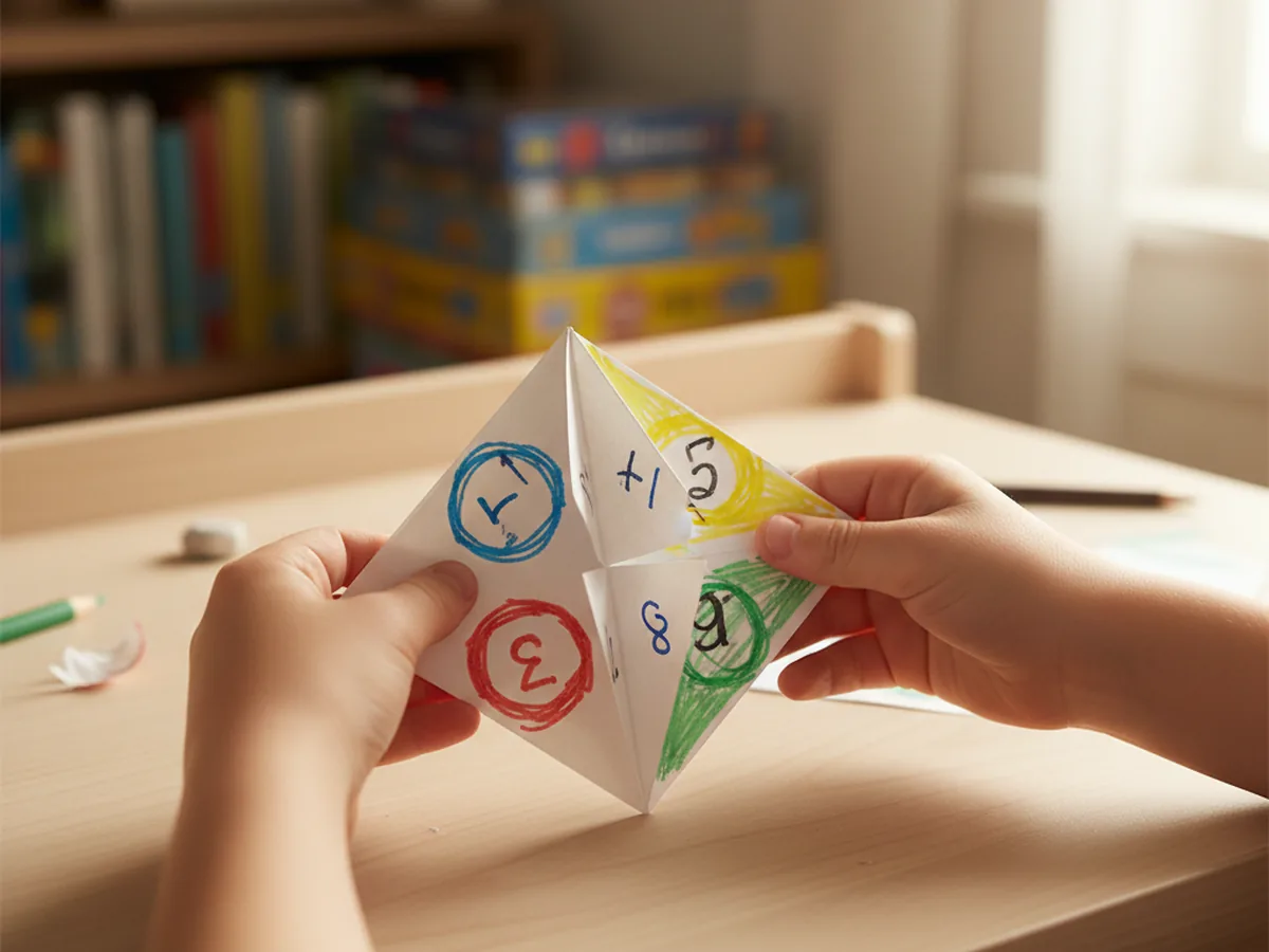 A folded paper fortune teller cootie catcher with colorful sections labeled with numbers and colors held in two hands above a craft table