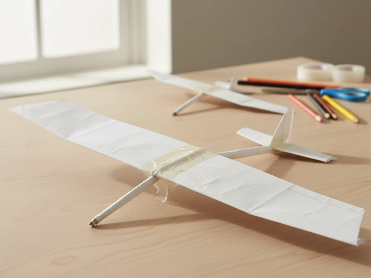 A handmade paper glider with wide flat wings and a small fuselage taped together resting on a wooden craft table