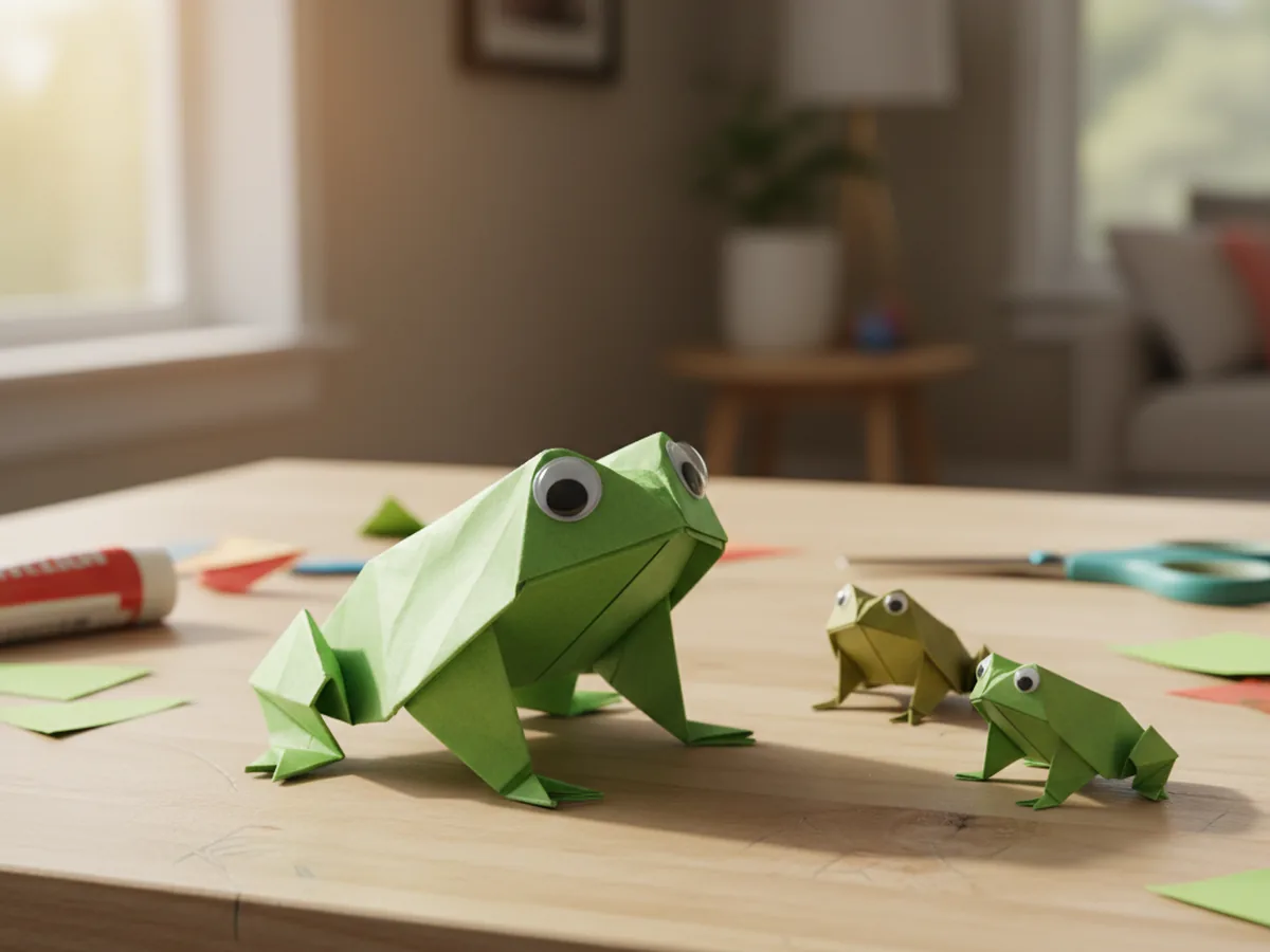 A green origami jumping frog with two googly eyes mid-leap on a light wood surface with a few more folded paper frogs nearby