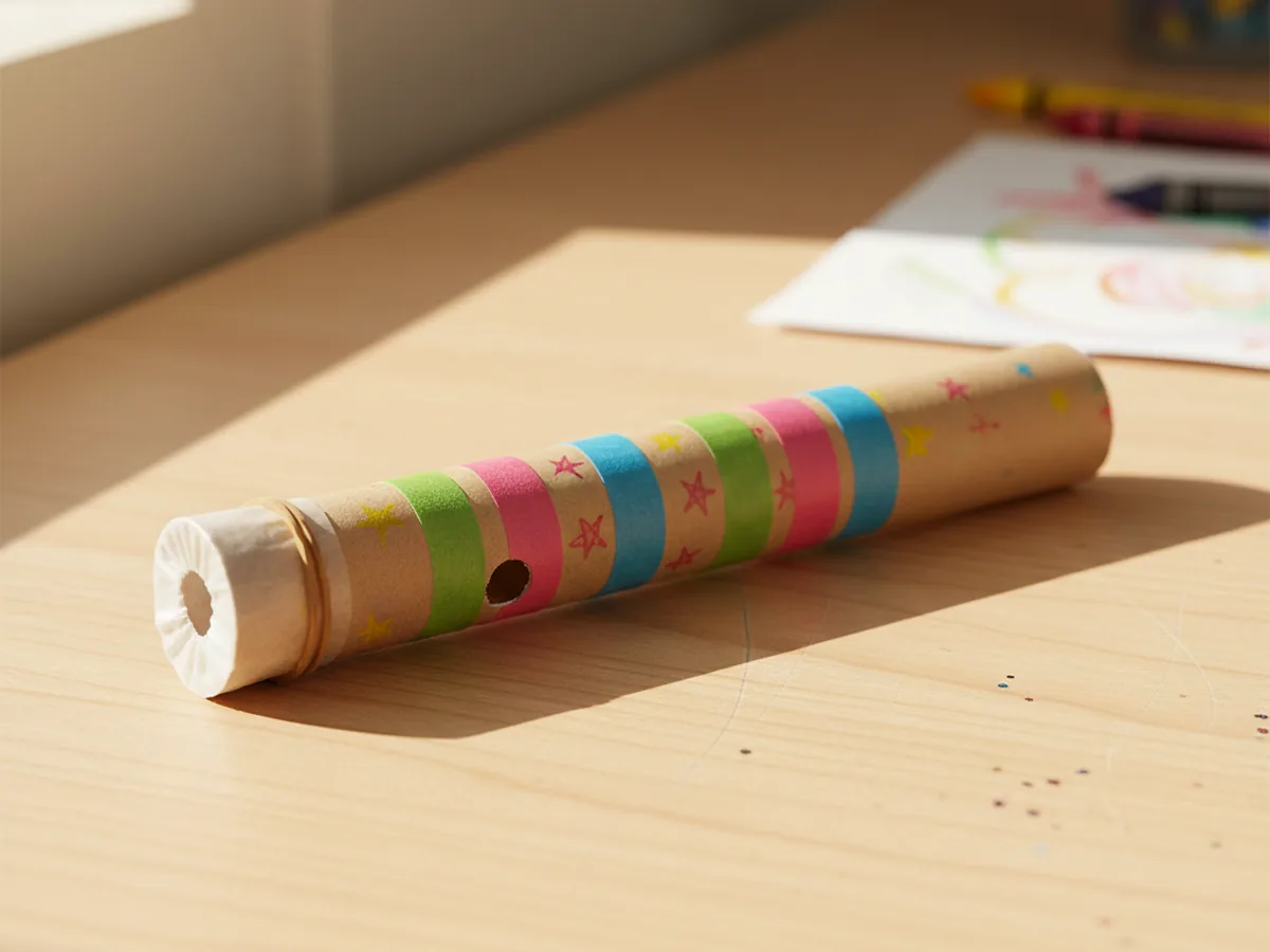 A handmade paper kazoo decorated with colorful washi tape with a wax paper covered end resting on a wooden craft table