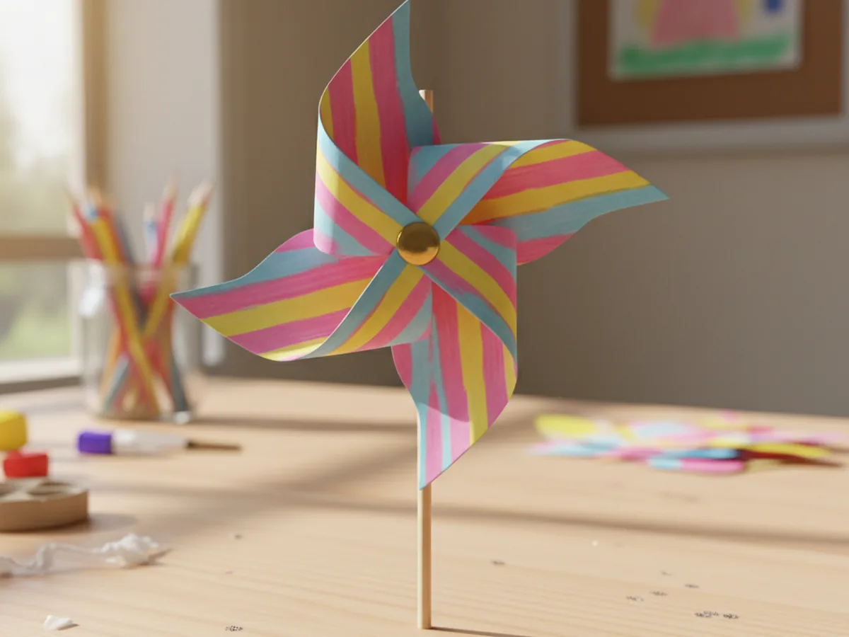 A brightly colored paper pinwheel on a wooden stick with petal shapes folded toward the center spinning gently on a craft table