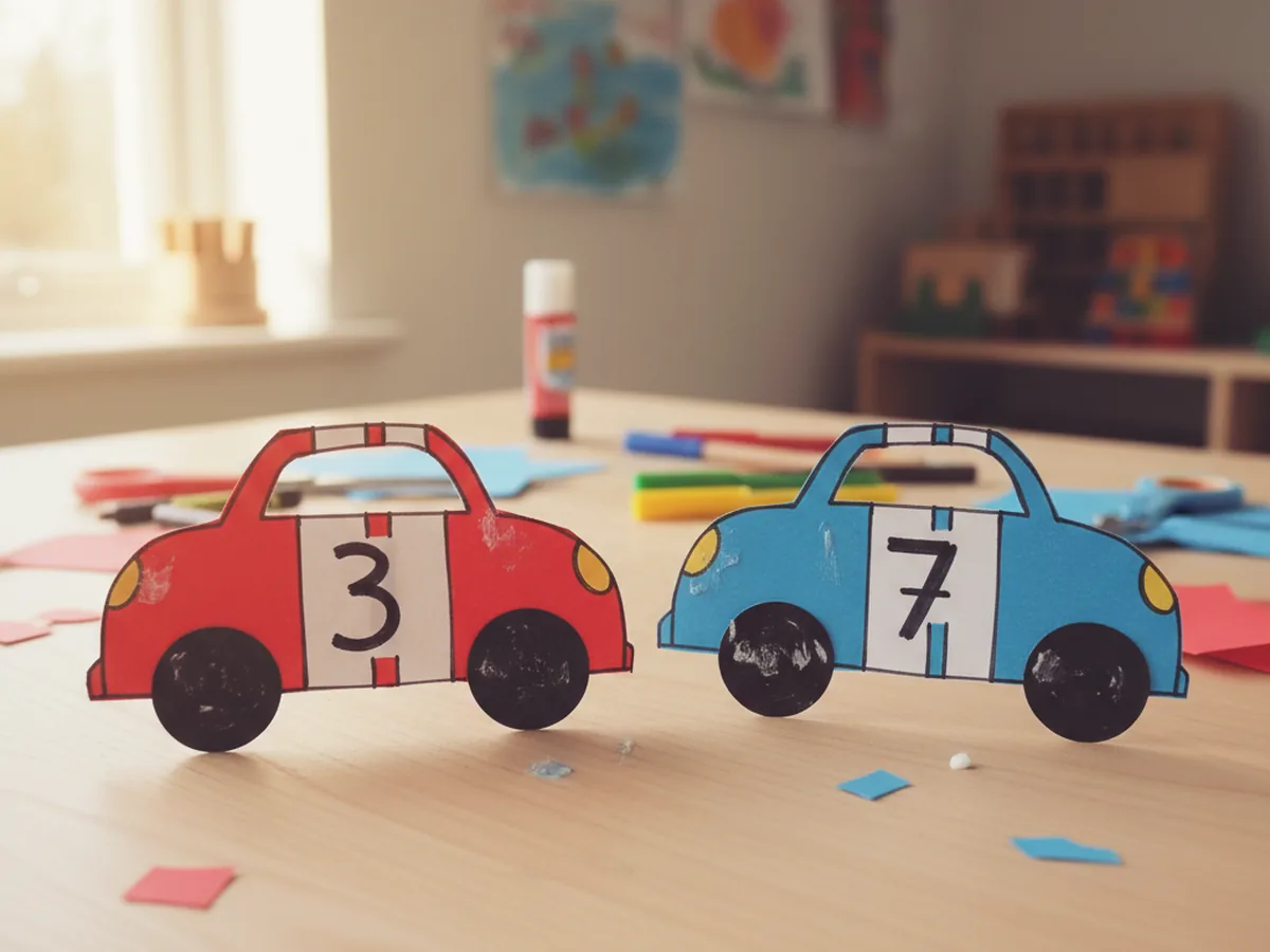 Two handmade flat paper race cars in red and blue cardstock with racing numbers and black paper wheels on a wooden craft table