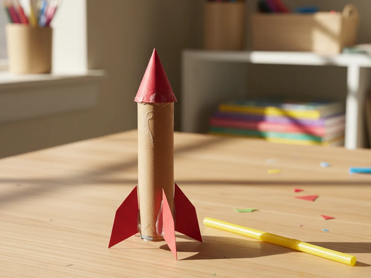 A small handmade paper rocket with red triangular fins and a pointed nose cone resting next to a drinking straw on a craft table