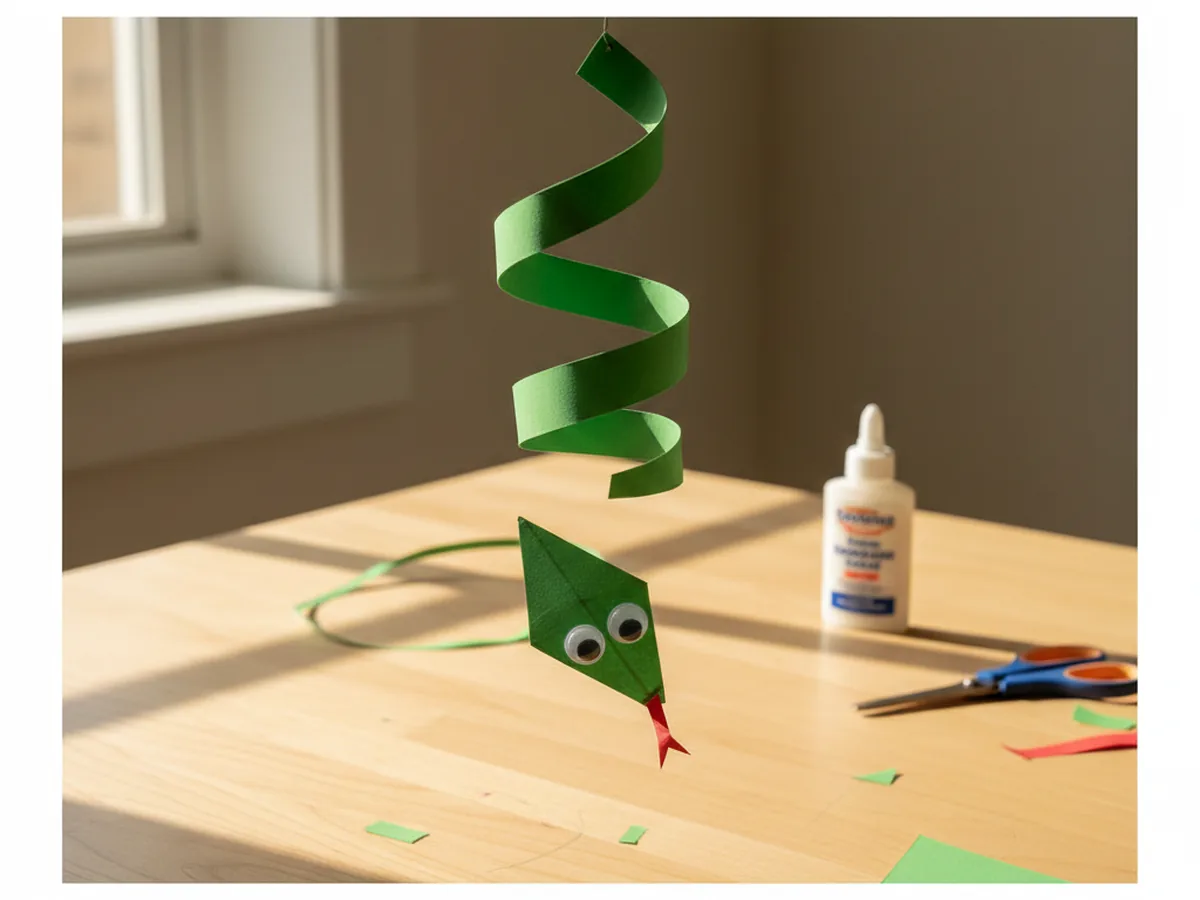 A green spiral paper snake with a small head and googly eyes hanging from the center on a wooden craft table