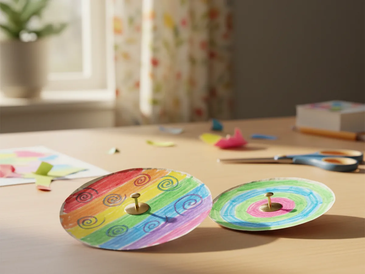 A handmade paper spinning top made from a colorful patterned cardstock circle with a brad fastener through the center on a wooden surface